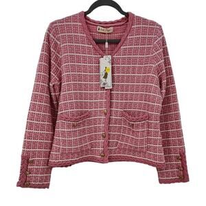 New NWT Belle Pogue Pink White Knit Cardigan‎ Sweater Size Large